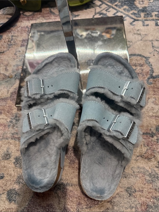 Birkenstock Shoes - Birkenstock Silver-Gray Faux Fur Double Buckle Slides New